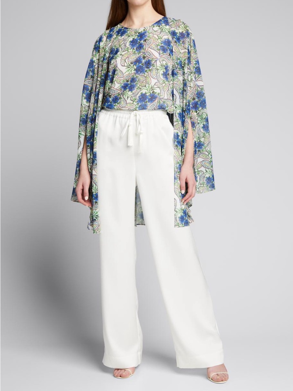 NWT Badgley Mischka Blue Multi Floral Paisley Attached Cape Blouse M $295